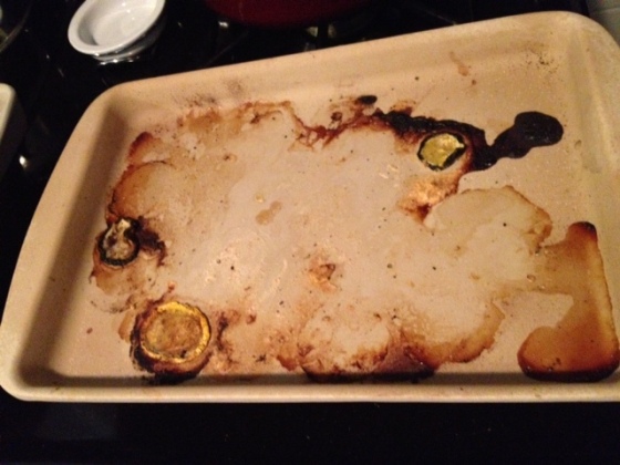 This is all that was left of the hummus-crusted chicken with zucchini and squash